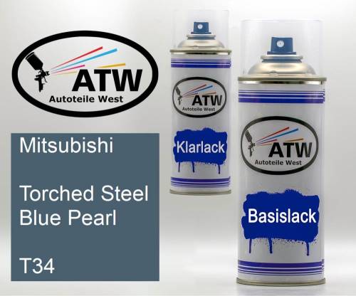Mitsubishi, Torched Steel Blue Pearl, T34: 400ml Sprühdose + 400ml Klarlack - Set, von ATW Autoteile West.